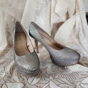 Guess silver and gold glitter stiletto heels, size 8.5.